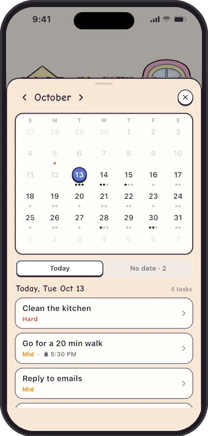 Paka's month view for October, and the recurring task Practice guitar: every week on Mon, Tue, Wed, Thu, Fri, Mid, completed 23 times, due today