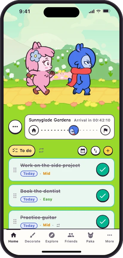 Paka's Home during an adventure: Dekka and Caraka walking through Sunnyglade Gardens, today's tasks all done, 1,400 Koins after a +150, and their photo from the Rainbow Mist Fountain
